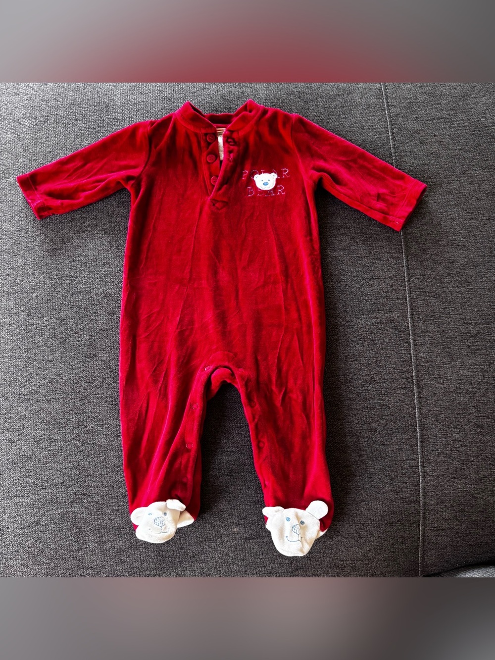 VTG y2K George Red Velour Plush Footed Bodysuit Polar Bear Holiday Baby Boy 6-9M